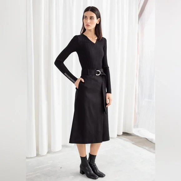 & Other Stories | Skirts | Other Stories Black Belted Linen Blend Midi  Skirt | Poshmark